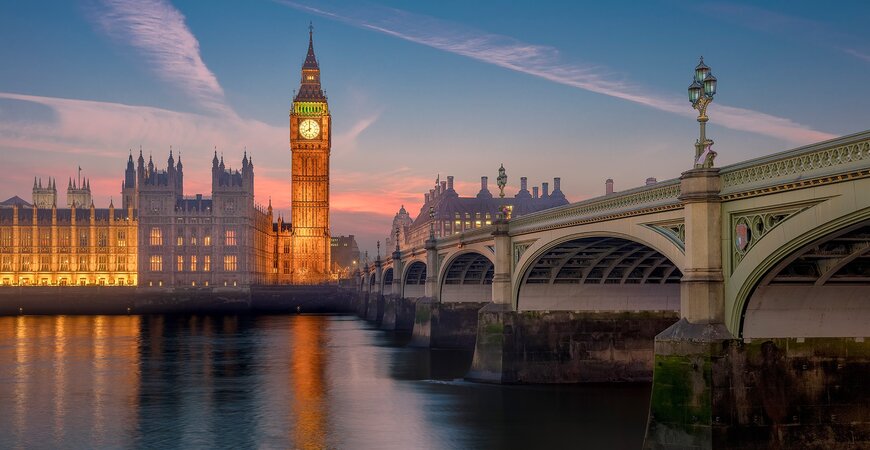 Big Ben and Westminster Bridge at sunset